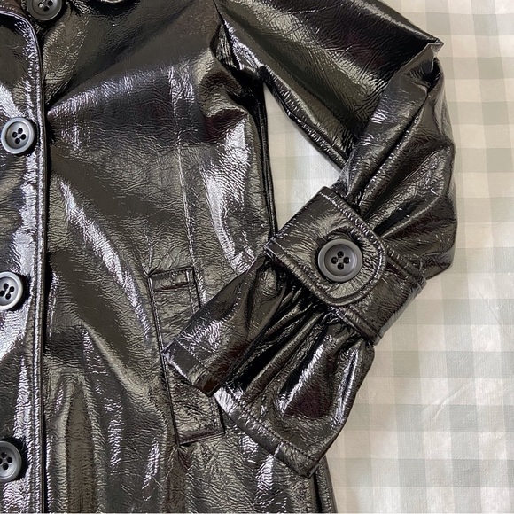 BB DAKOTA black trench coat glossy 60’s 70’s faux patin leather jacket med - Picture 5 of 16
